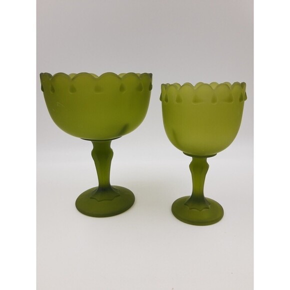 Vintage Satin Frosted Green Teardrop Pedestal Candy Dish Compote & Goblet set 2 - Picture 1 of 10